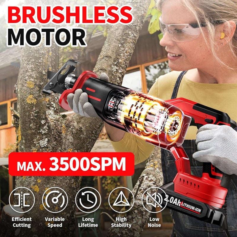 FULLYEA Reciprocating Saw Cordless, Brushless Recipro Saw 0-3500 SPM, Cordless Saws with 2 * 2.0Ah Battery & 4 Blades, Battery Powered Reciprocating Saws for Wood/Metal/Plastic Cutting - Image 4